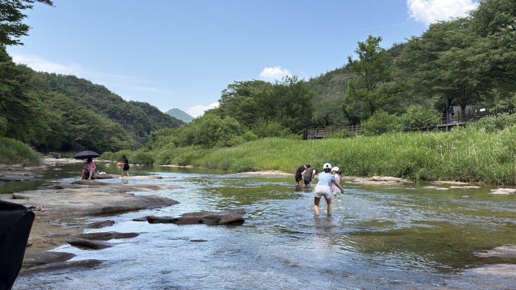 The kids playing in the water and catching snails